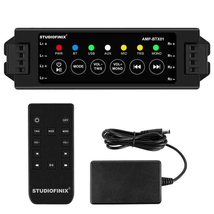 STUDIOFINIX front panel and remote showing easy control and convenience