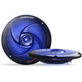 STUDIOFINIX front view of speaker pair showing sleek grille and benefit of space-saving design