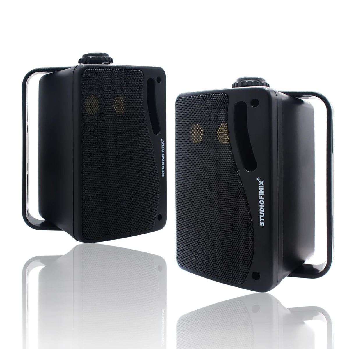 STUDIOFINIX front view of black speakers showing durable weatherproof housing and clear sound
