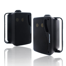 STUDIOFINIX front view of black speakers showing durable weatherproof housing and clear sound