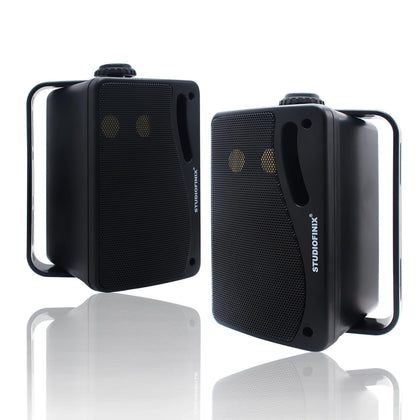STUDIOFINIX front view of black speakers showing durable weatherproof housing and clear sound