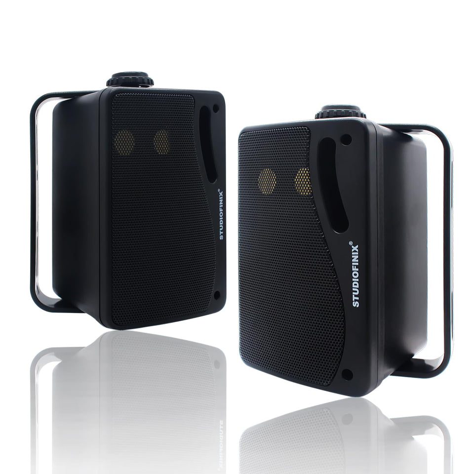 STUDIOFINIX front view of black speakers showing durable weatherproof housing and clear sound
