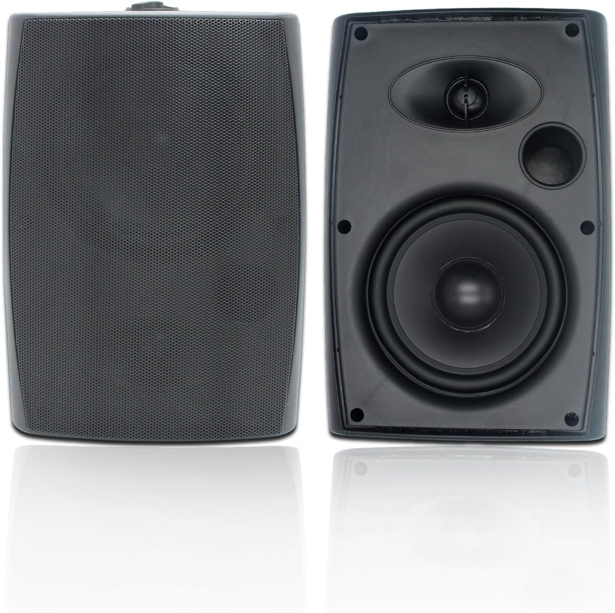 STUDIOFINIX front view wall mounted speakers showing compact profile and strong bass