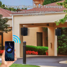 STUDIOFINIX speakers in use at a backyard deck party providing full outdoor sound