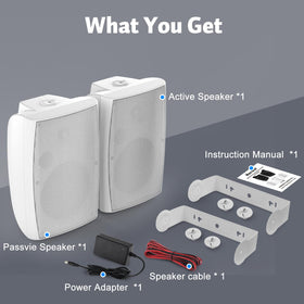 STUDIOFINIX outdoor speaker package includes power supply, cables, and manual.