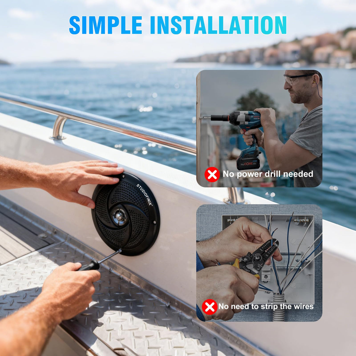 STUDIOFINIX mounted on boat bow showing water-resistant installation and clear outdoor sound