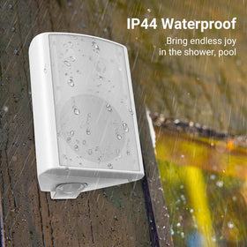 STUDIOFINIX patio deck installation shows wall-mounted speaker ready for backyard parties.