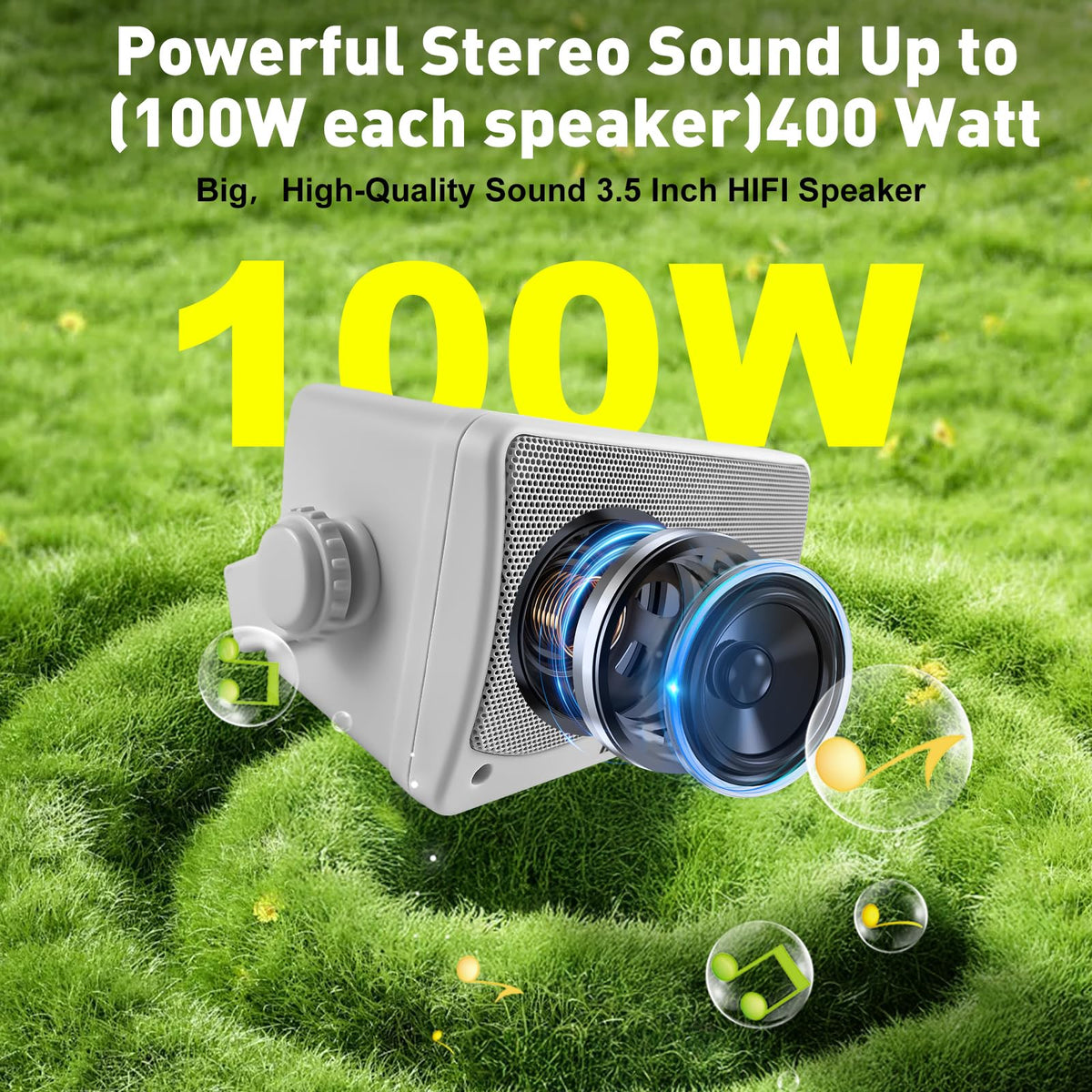 STUDIOFINIX four-pack wall-mount setup enabling broad outdoor stereo coverage