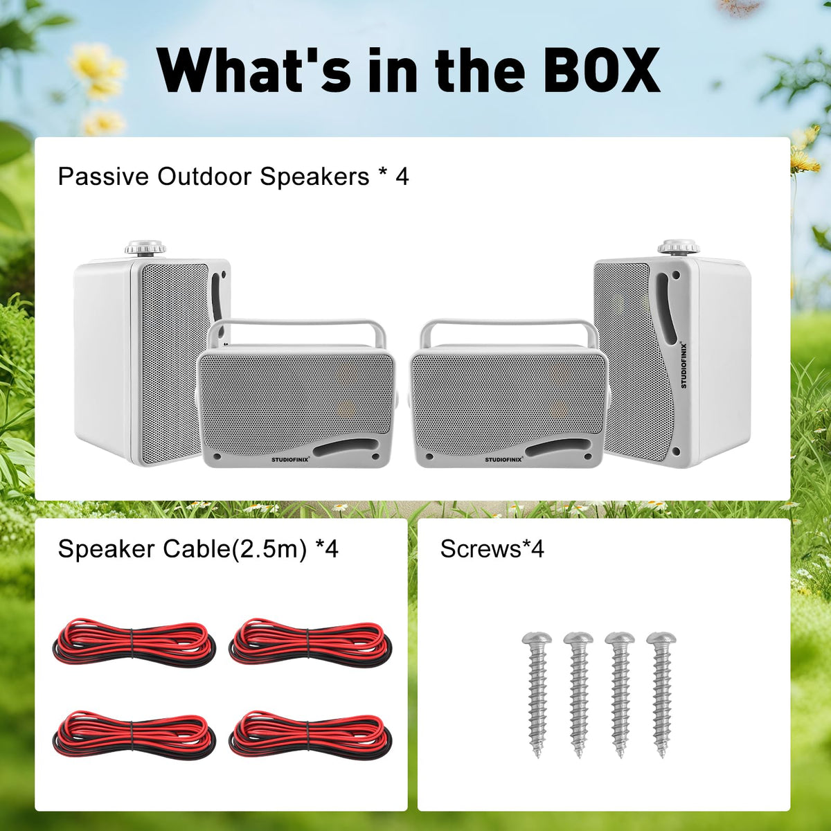 STUDIOFINIX package contents display four speakers and wiring kit