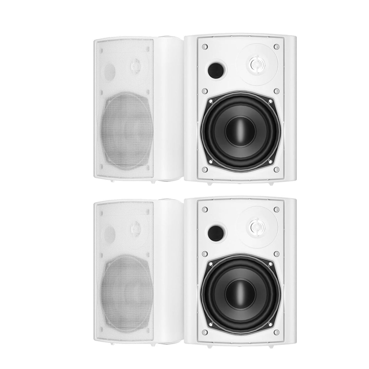 STUDIOFINIX outdoor speaker mounted on white wall for patio music and ambiance.