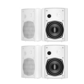 STUDIOFINIX outdoor speaker mounted on white wall for patio music and ambiance.
