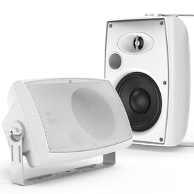 STUDIOFINIX outdoor speakers mounted on a patio for poolside listening