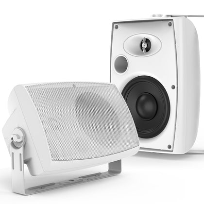 STUDIOFINIX outdoor speakers mounted on a patio for poolside listening
