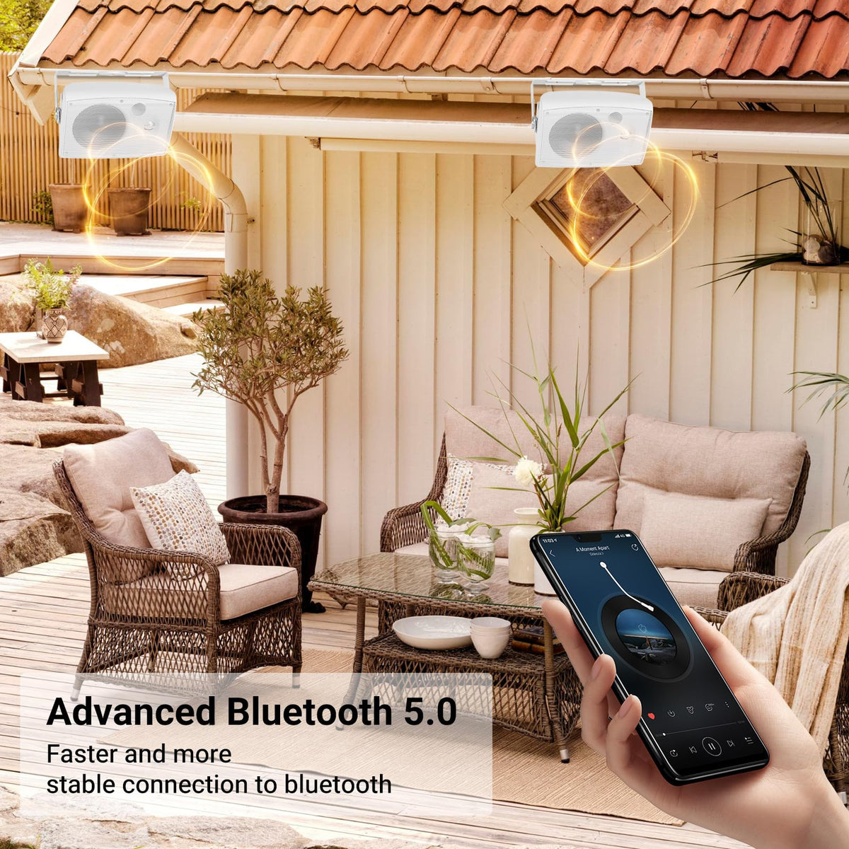 STUDIOFINIX outdoor wall-mount speaker by poolside for splash-ready music.