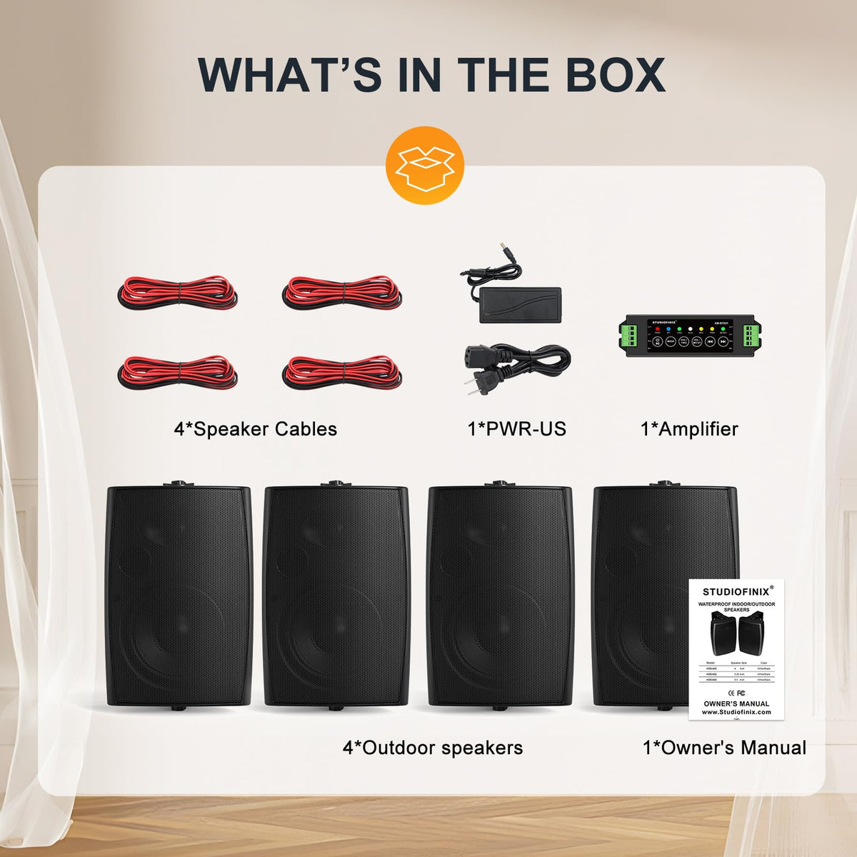 Package contents include four passive speakers, amplifier, cables, power, and manual.