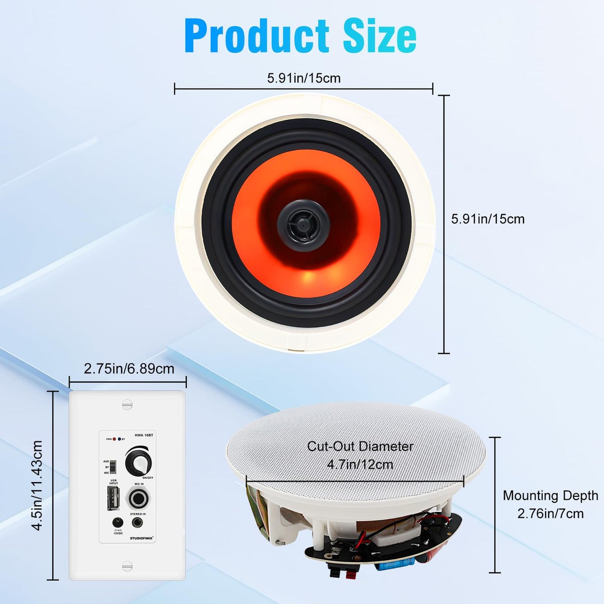 STUDIOFINIX package contents: speakers, cables, amplifier, power adapter, manual