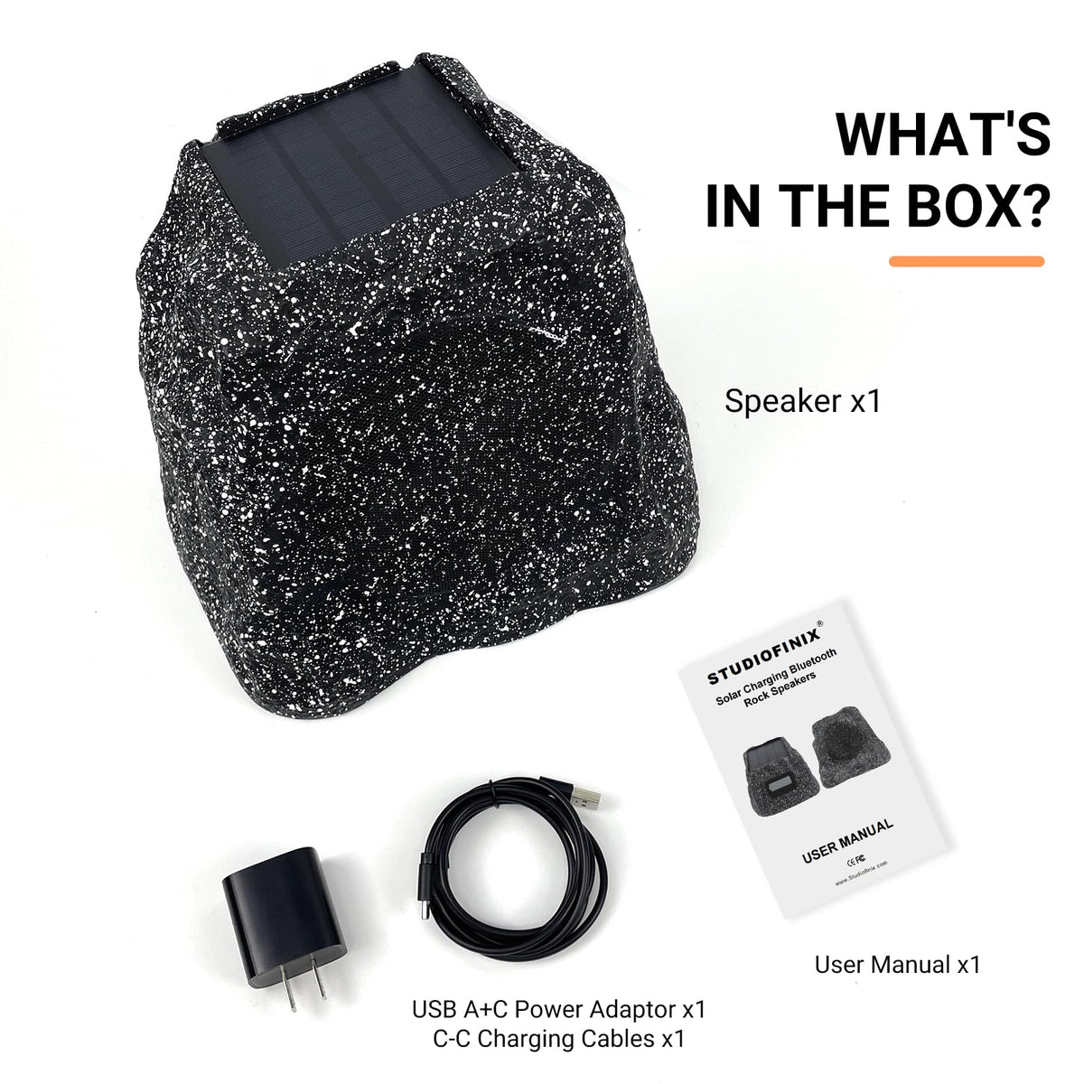 STUDIOFINIX packaging contents shown with main speaker and accessories.