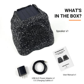 STUDIOFINIX packaging contents shown with main speaker and accessories.