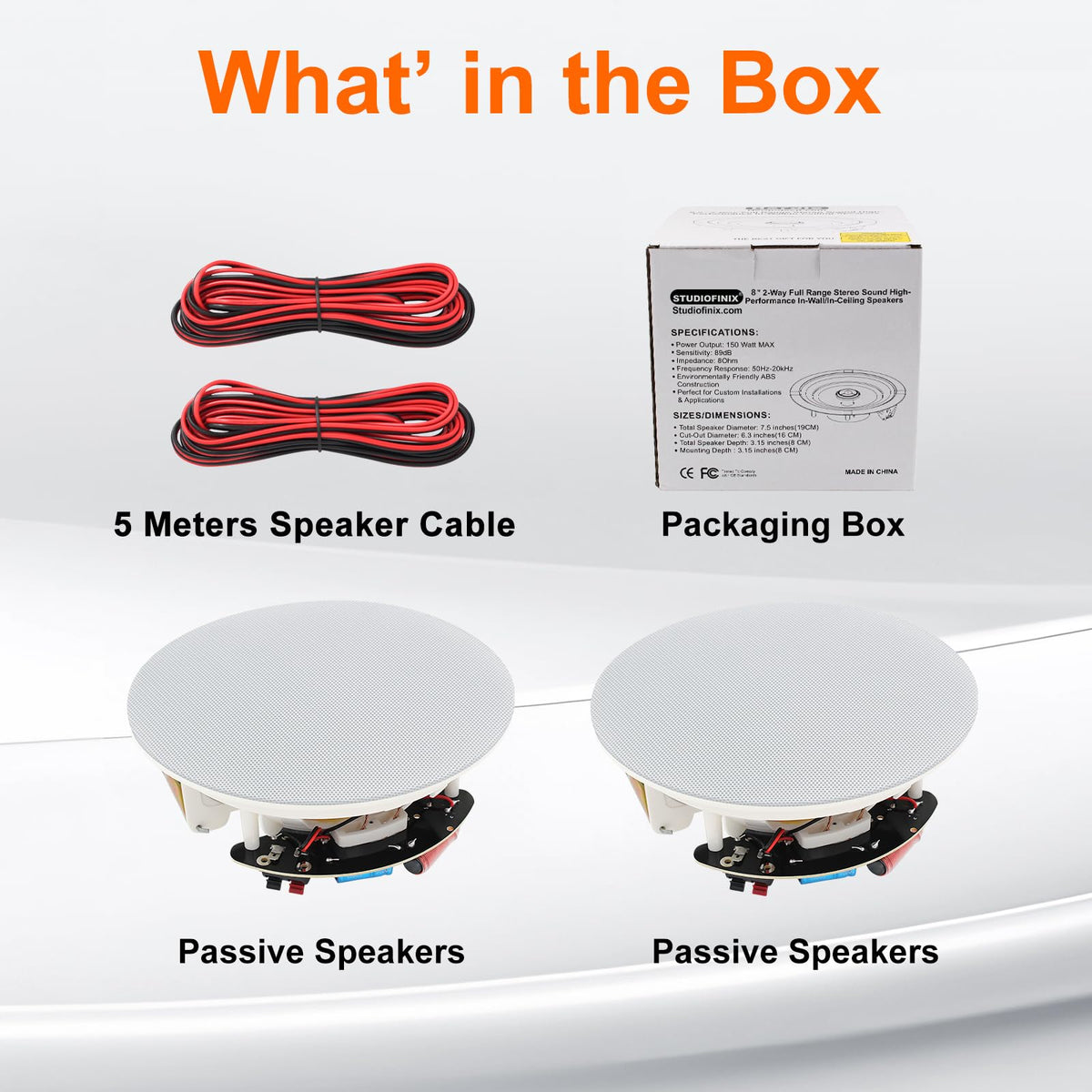 StudioFinix packaging includes two speakers, cables, and manual for quick start