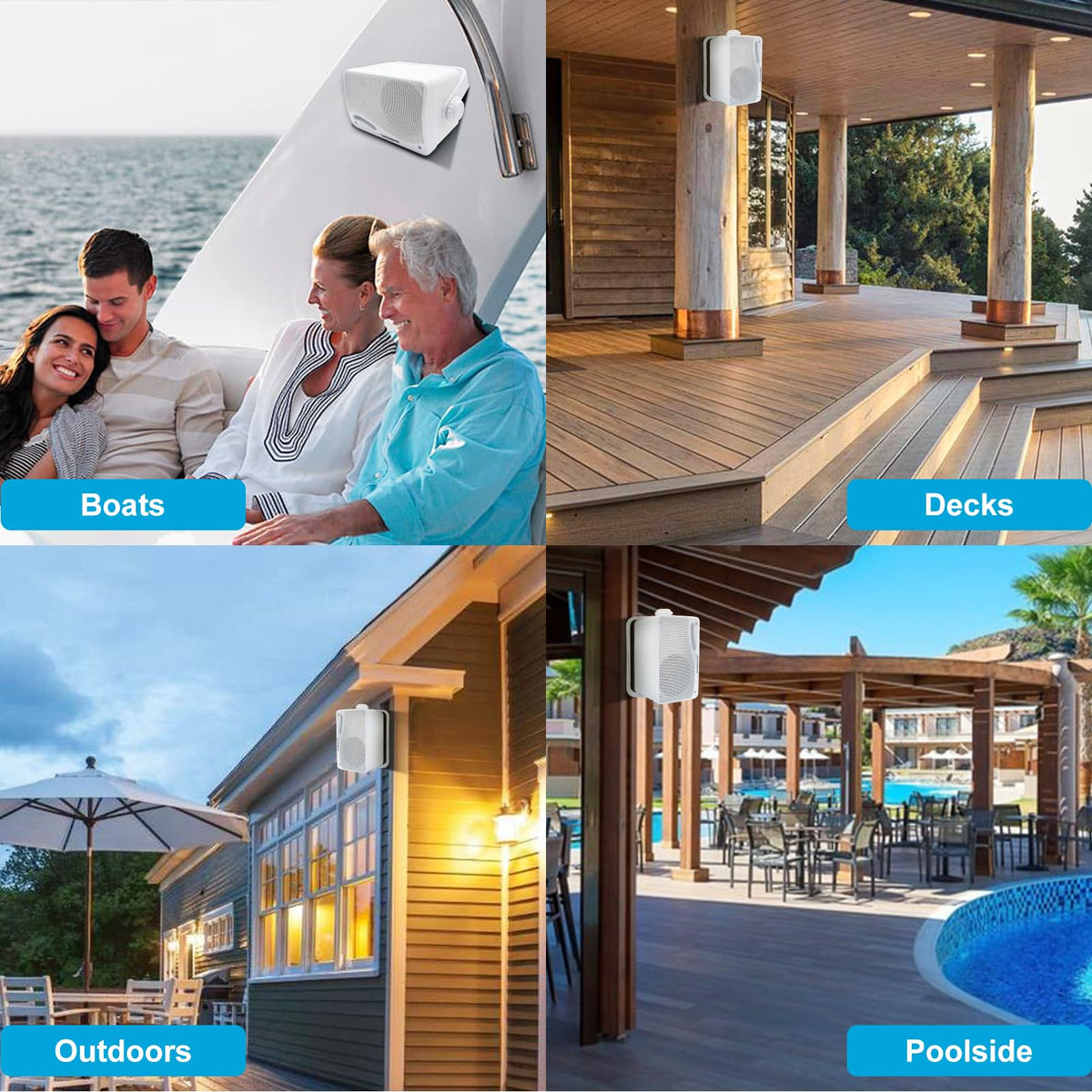 STUDIOFINIX speakers in patio lifestyle scene delivering weatherproof audio and ambiance