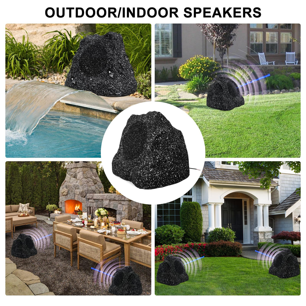 STUDIOFINIX rock speakers mounted near pool enhance outdoor entertainment.