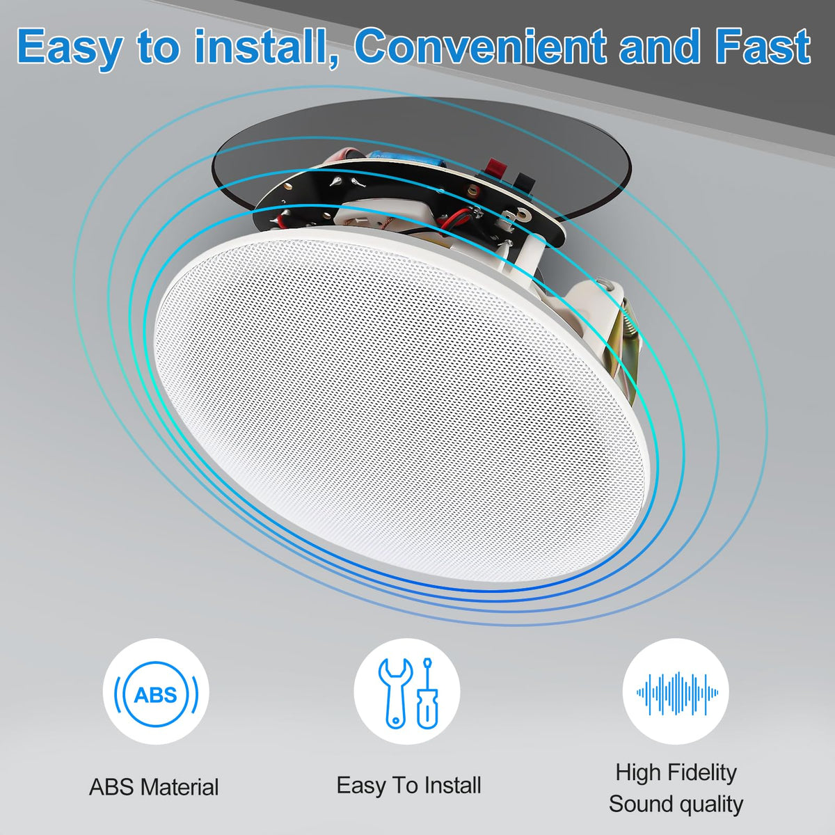 StudioFinix ceiling speakers installed in-wall for versatile room setup.