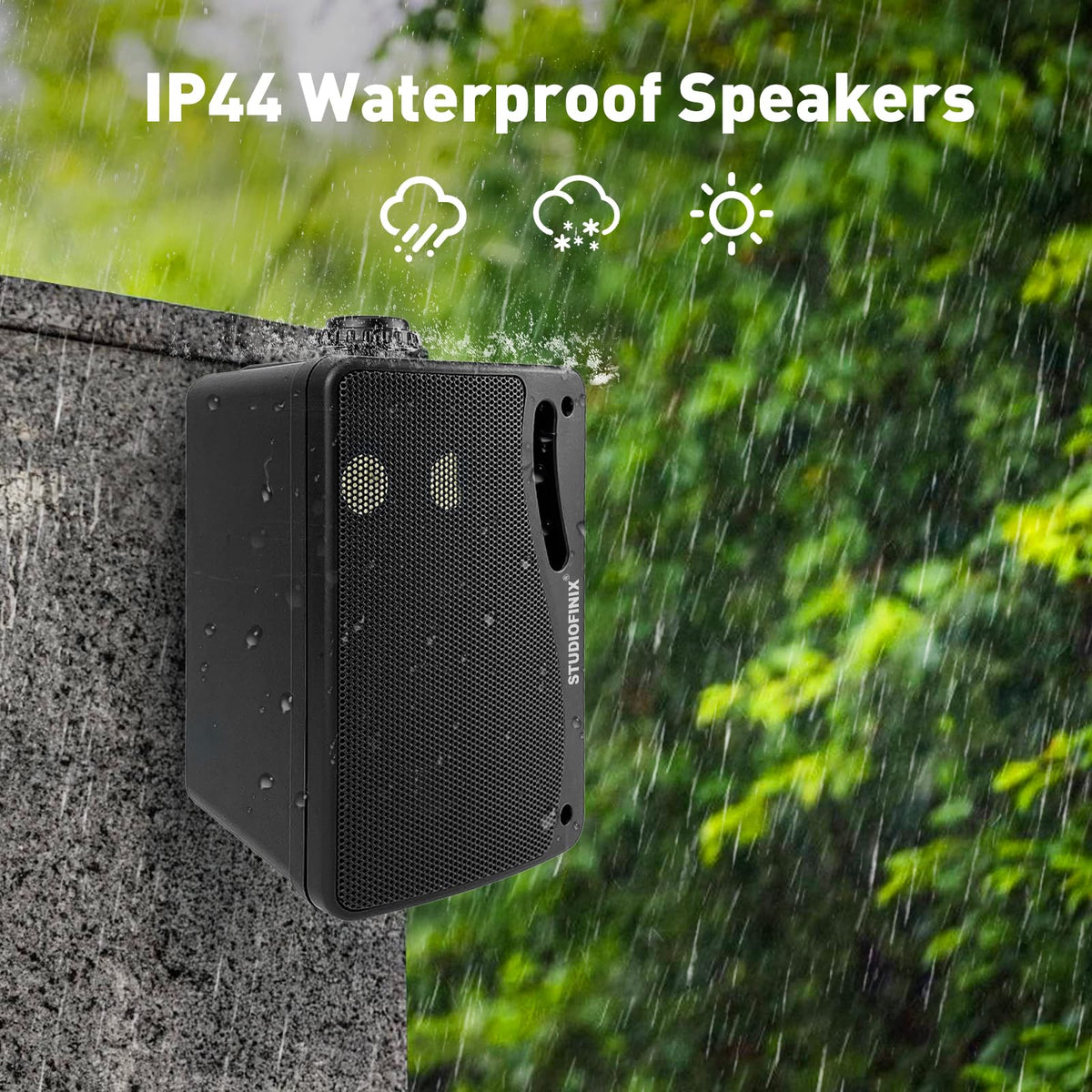 STUDIOFINIX swivel brackets enable precise positioning for optimal outdoor listening.