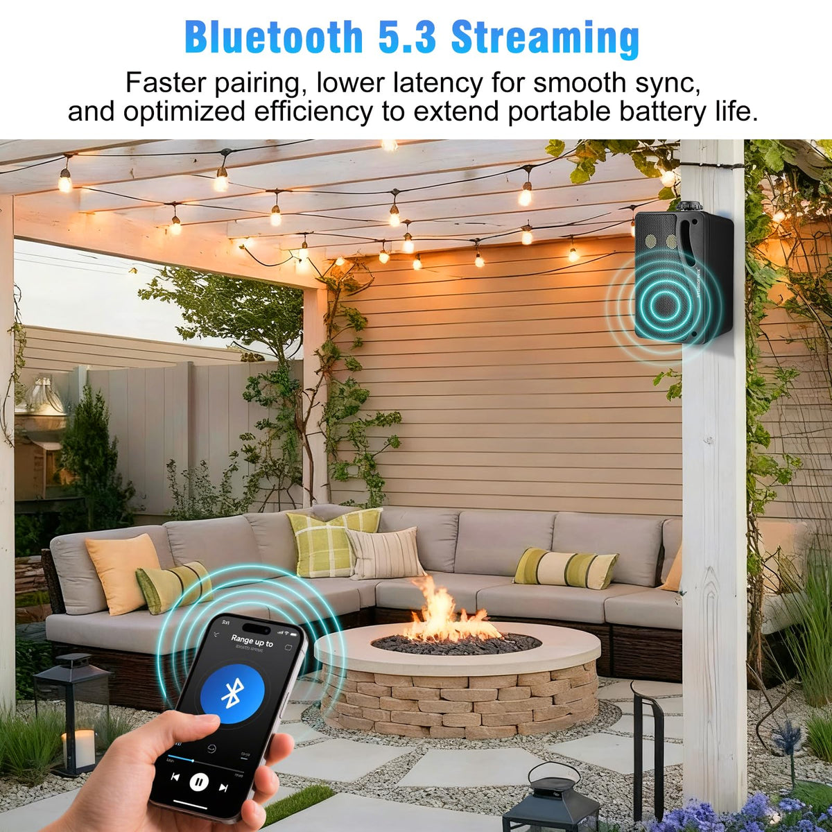STUDIOFINIX two-speaker pair mounted on wall for even outdoor coverage.