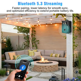 STUDIOFINIX two-speaker pair mounted on wall for even outdoor coverage.