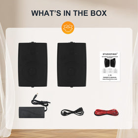 StudioFinix wall-mount-ready speakers shown with adjustable mounting options