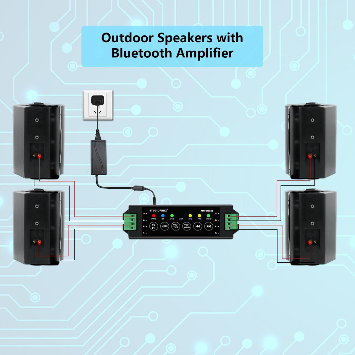 STUDIOFINIX weatherproof exterior speakers suitable for indoor and outdoor use.