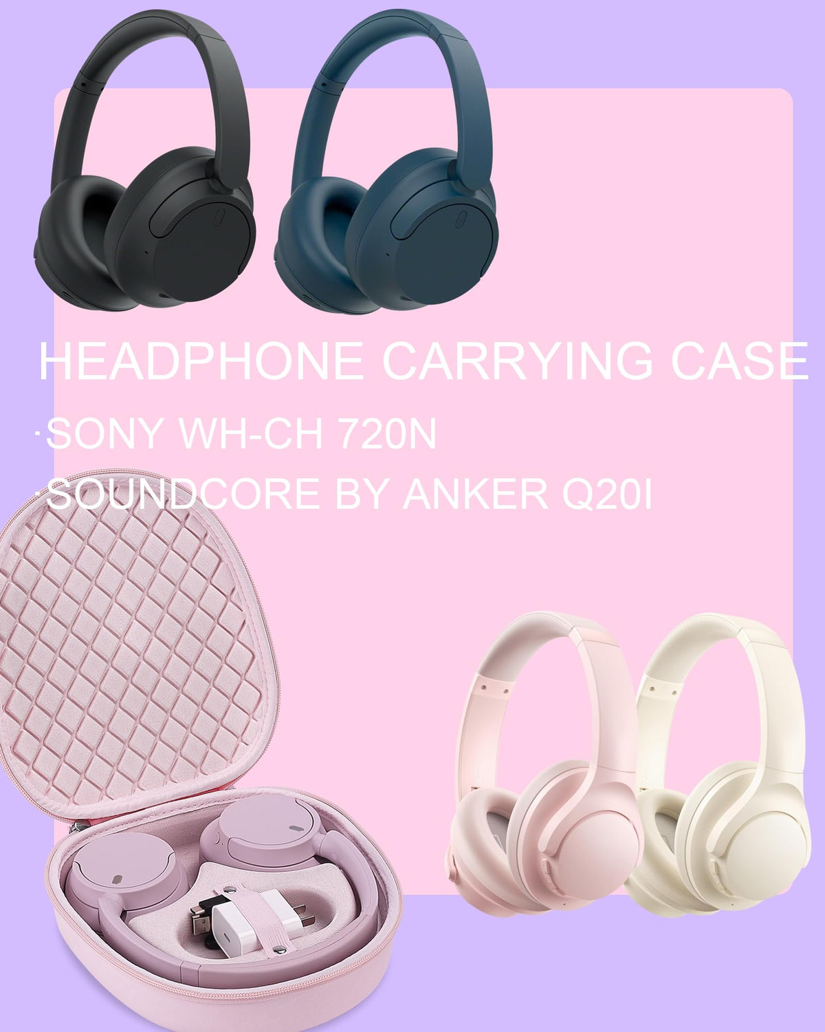 Stukcaze headphone case for Soundcore Q20i showing charger pocket keeps accessories organized.