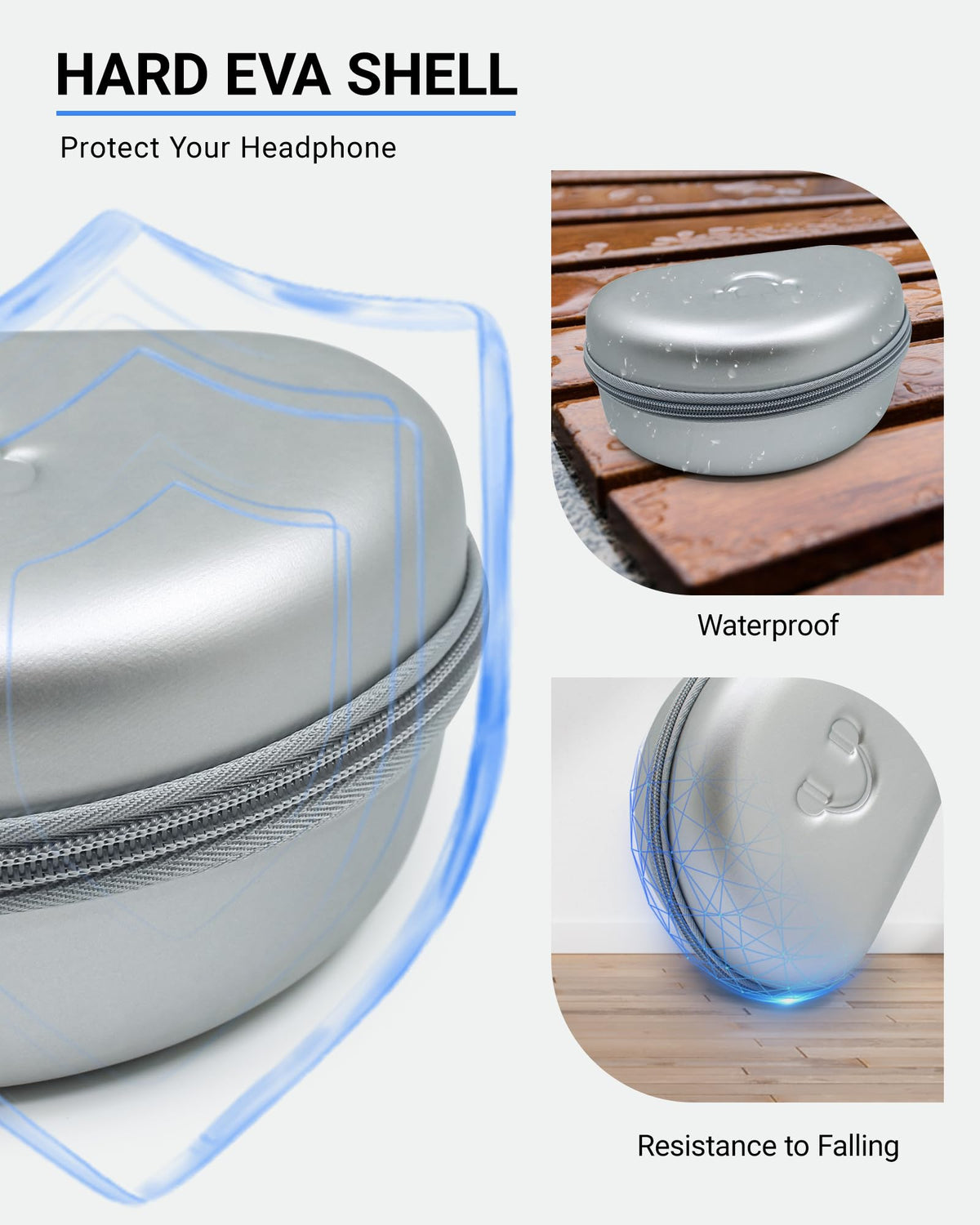 Stukcaze semi-water-resistant shell guards headphones against splashes during travel.