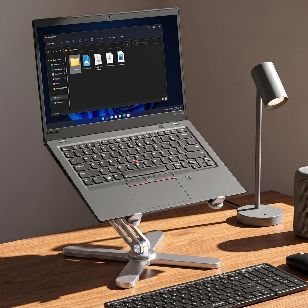 STXND Model-X 2.0 compact desk stand saves space when folded