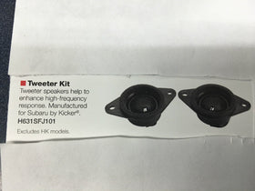 Subaru Kicker H631SFJ101 tweeter kit installed in dash for improved imaging.