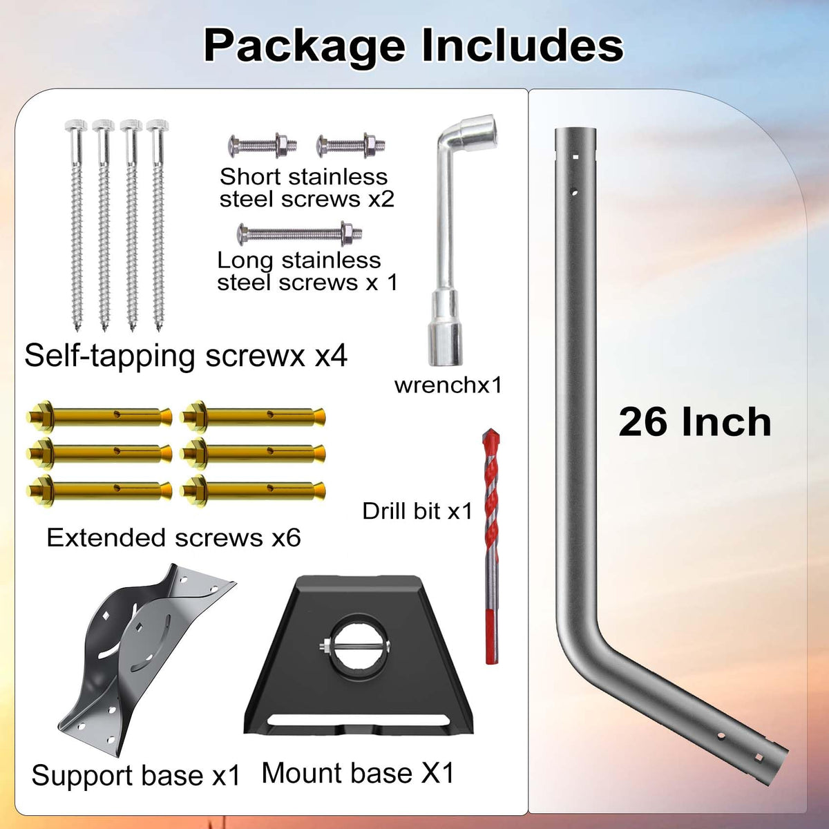 SUBFIX laid-out hardware set showing included anchors, screws, wrench and bit