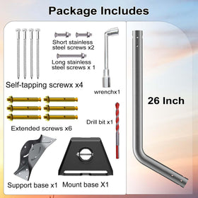 SUBFIX laid-out hardware set showing included anchors, screws, wrench and bit