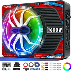 SUBPULSIX 1600W slim underseat subwoofer showing peak power potential for deep car bass.