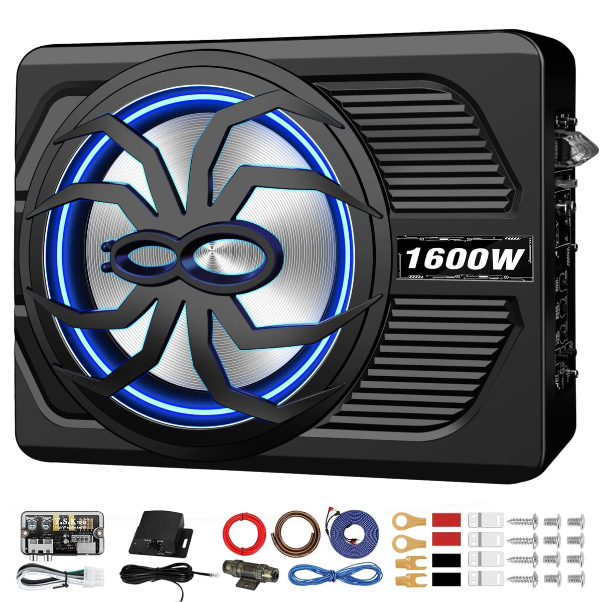 SUBPULSIX 1600W underseat subwoofer delivers deep bass under a compact car.
