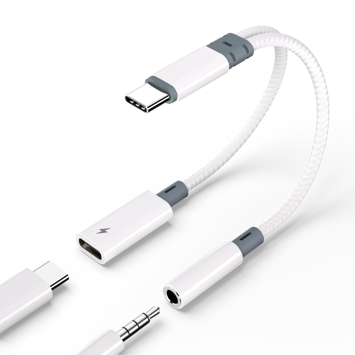 Subynanal USB-C to 3.5mm headphone adapter for music playback while charging.