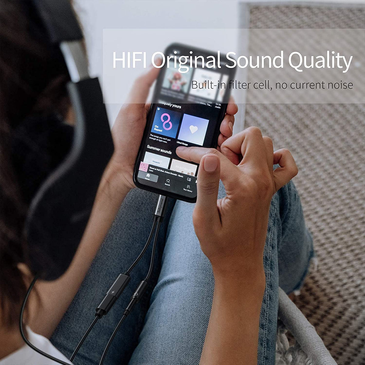 Subynanal USB C to 3.5mm adapter in use on a phone for hands-free audio