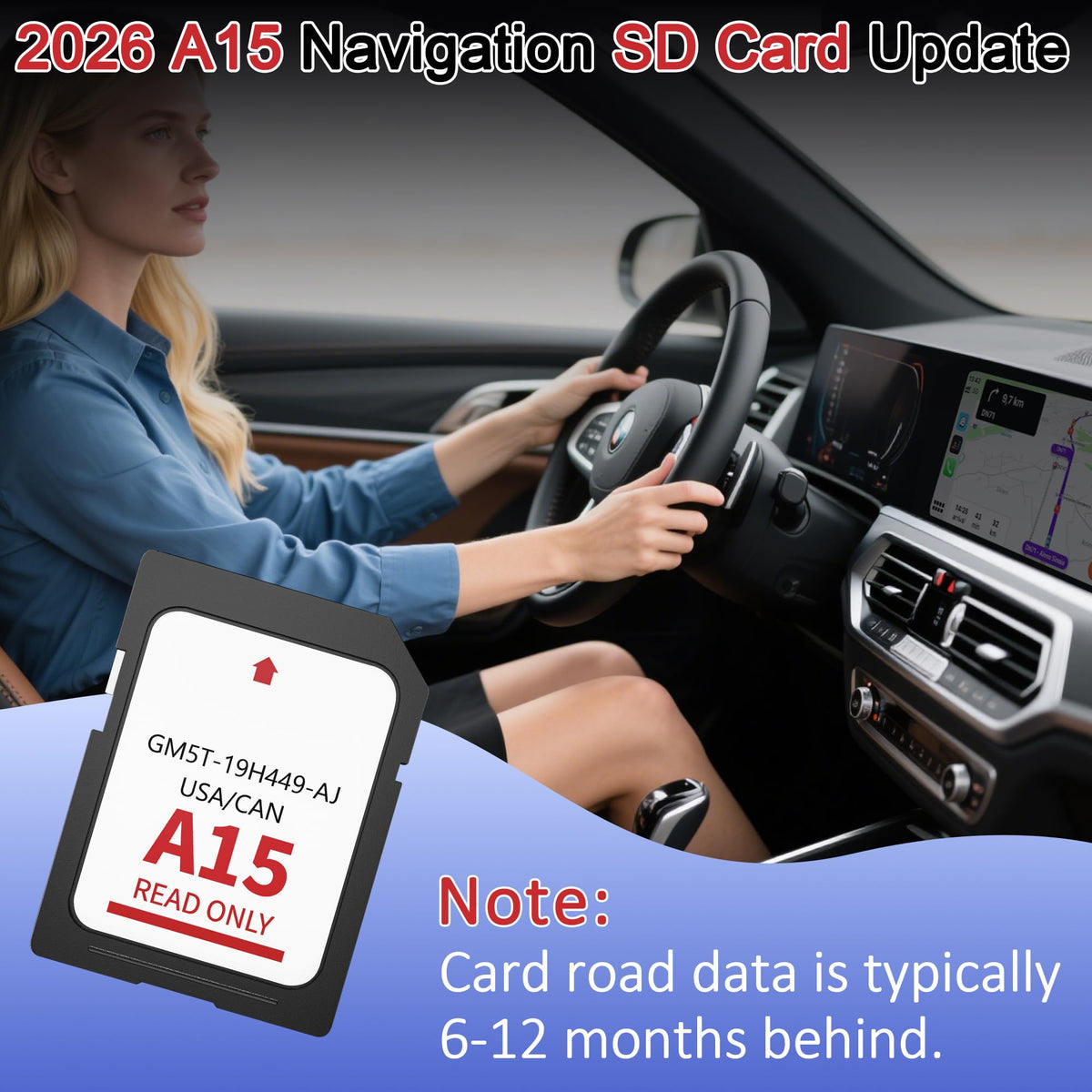 Ford dashboard display showing Suejezt A15 navigation maps for US and Canada