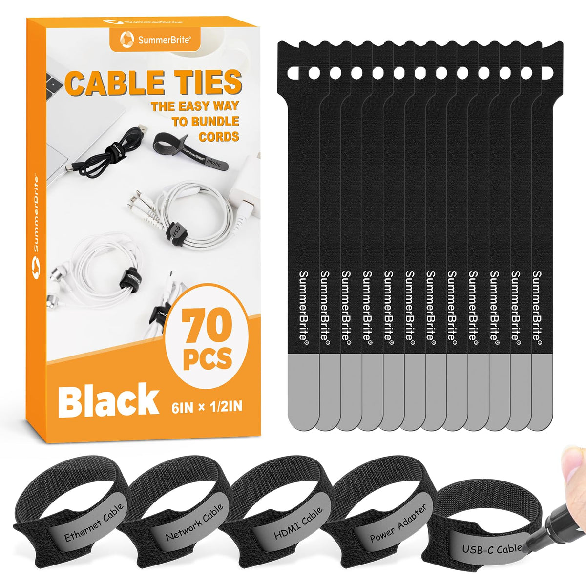 SummerBrite 70-pack black 6-inch cable ties with writable labels for quick cord IDs.