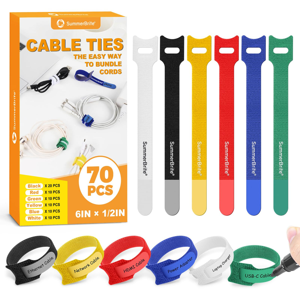 SummerBrite color-coded cable ties in 6 inch size for quick identification of power and data cables