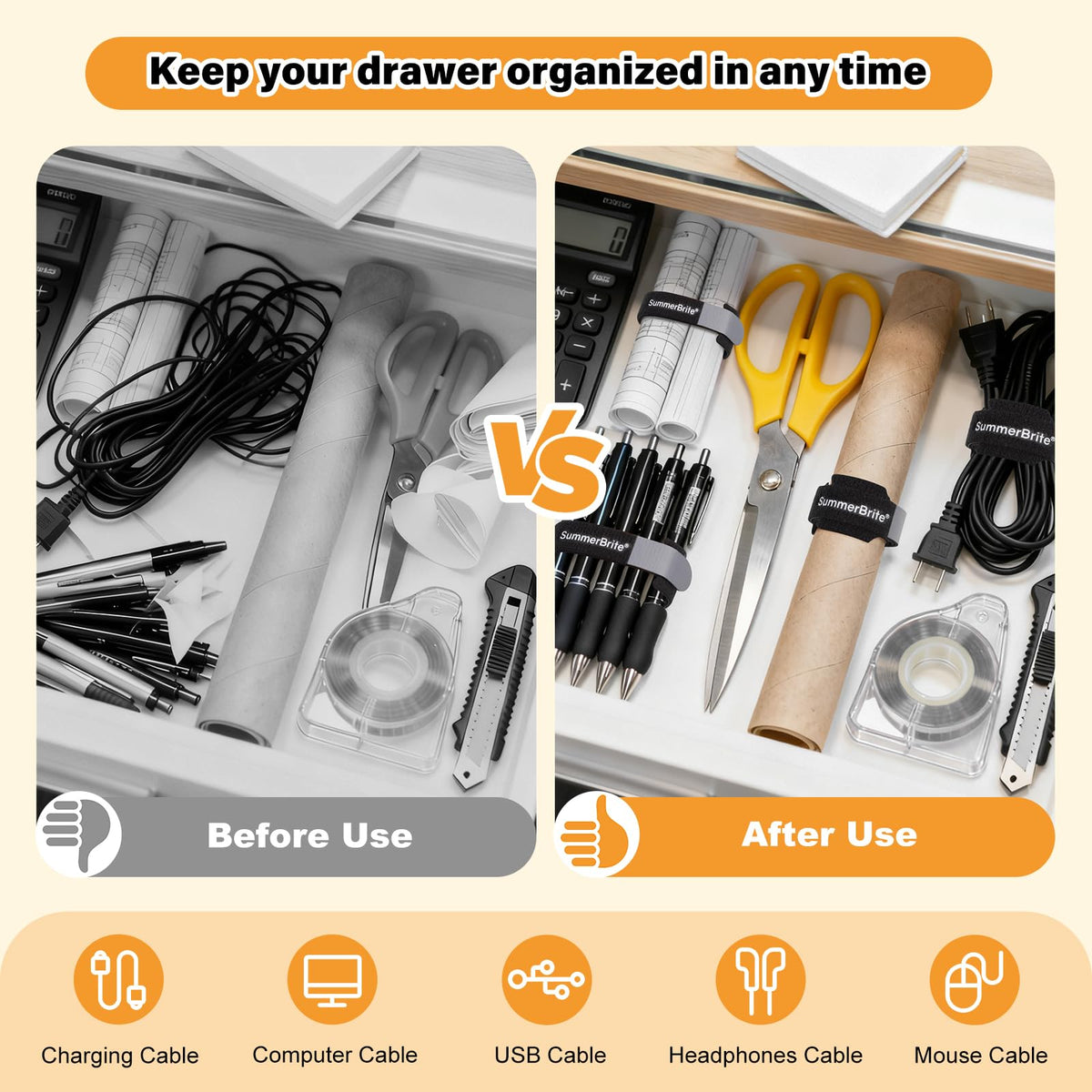 SummerBrite universal wire organizer suited for desk, travel, and appliances.