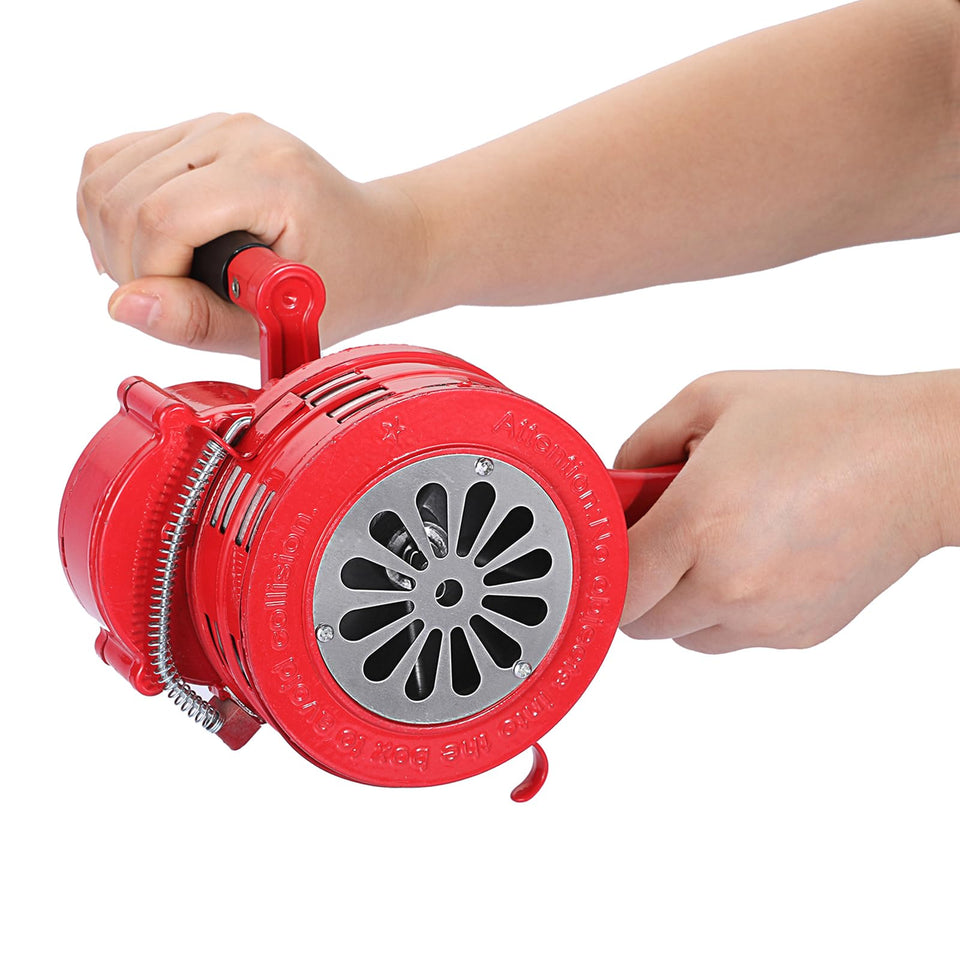 Sumnacon hand crank siren shown for portable emergency signaling without power.