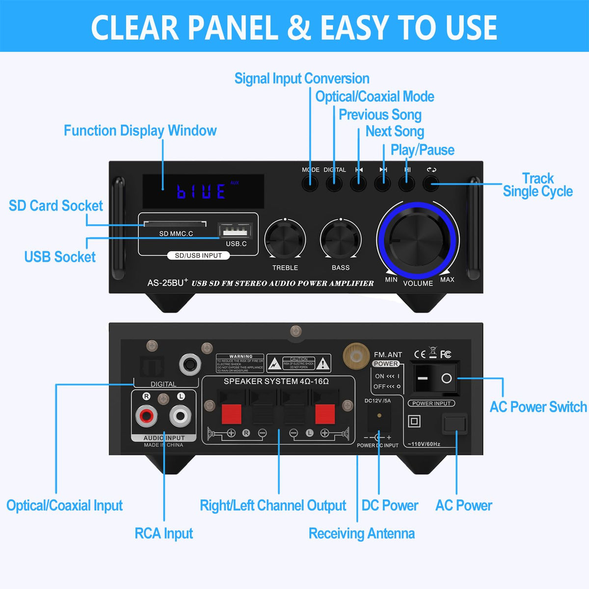 Sunbuck AS-25BU compact design fits neatly in home audio setups.