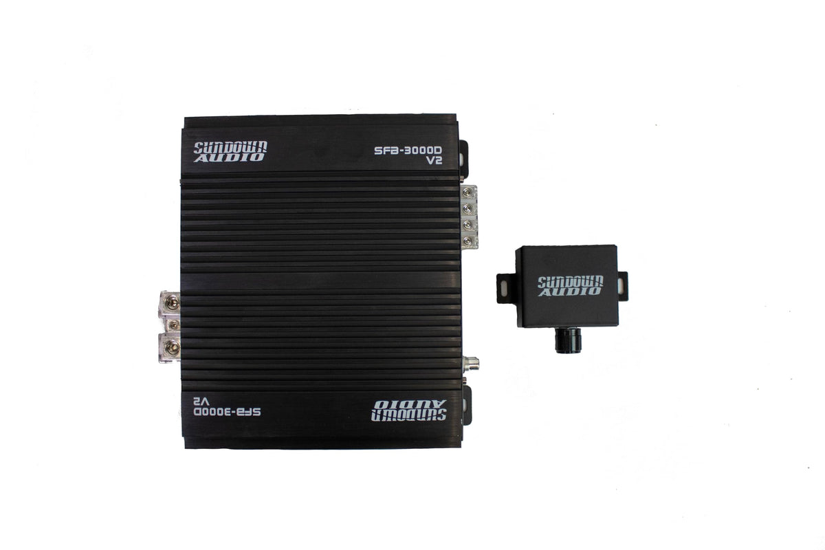 Sundown Audio SFB-3000D front panel view highlighting compact design for tight installs and powerful bass.