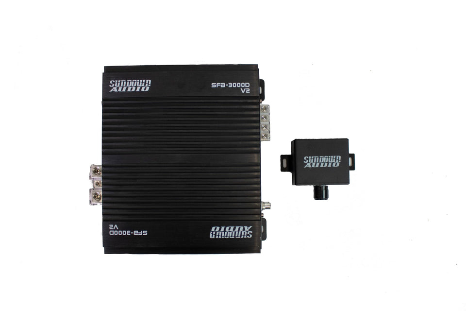 Sundown Audio SFB-3000D front panel view highlighting compact design for tight installs and powerful bass.