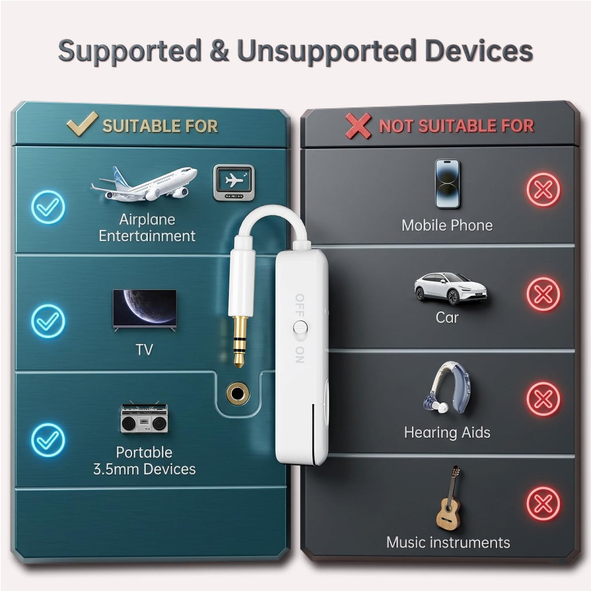 Sunitec airplane adapter with dual 3.5mm jacks for seamless cabin entertainment use.